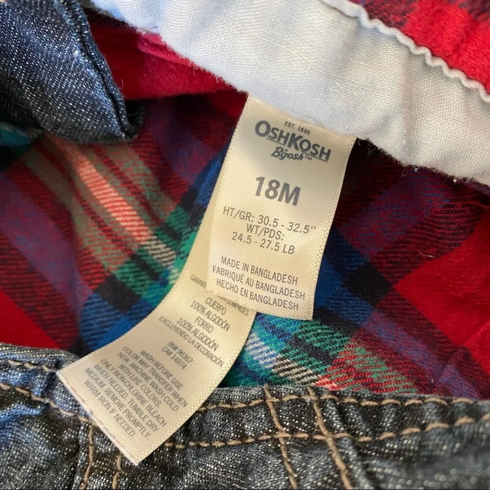 Oshkosh B’Gosh blue denim overalls flannel lined‎ plaid 18 months